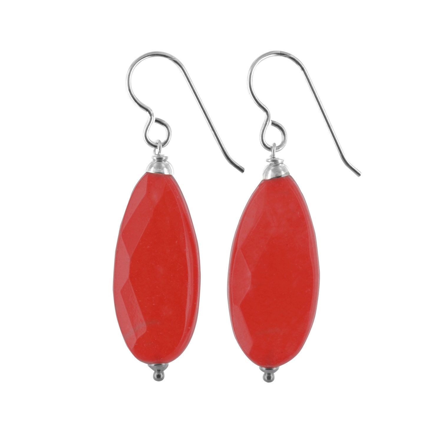 Red Jade Sterling Silver Dangle Earrings, Pear Briolette Cut