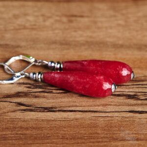 Rose Red Jade Statement Drop Long Earrings, Natural Gemstones Earrings, Jade Teardrop Long Sterling Silver Earrings