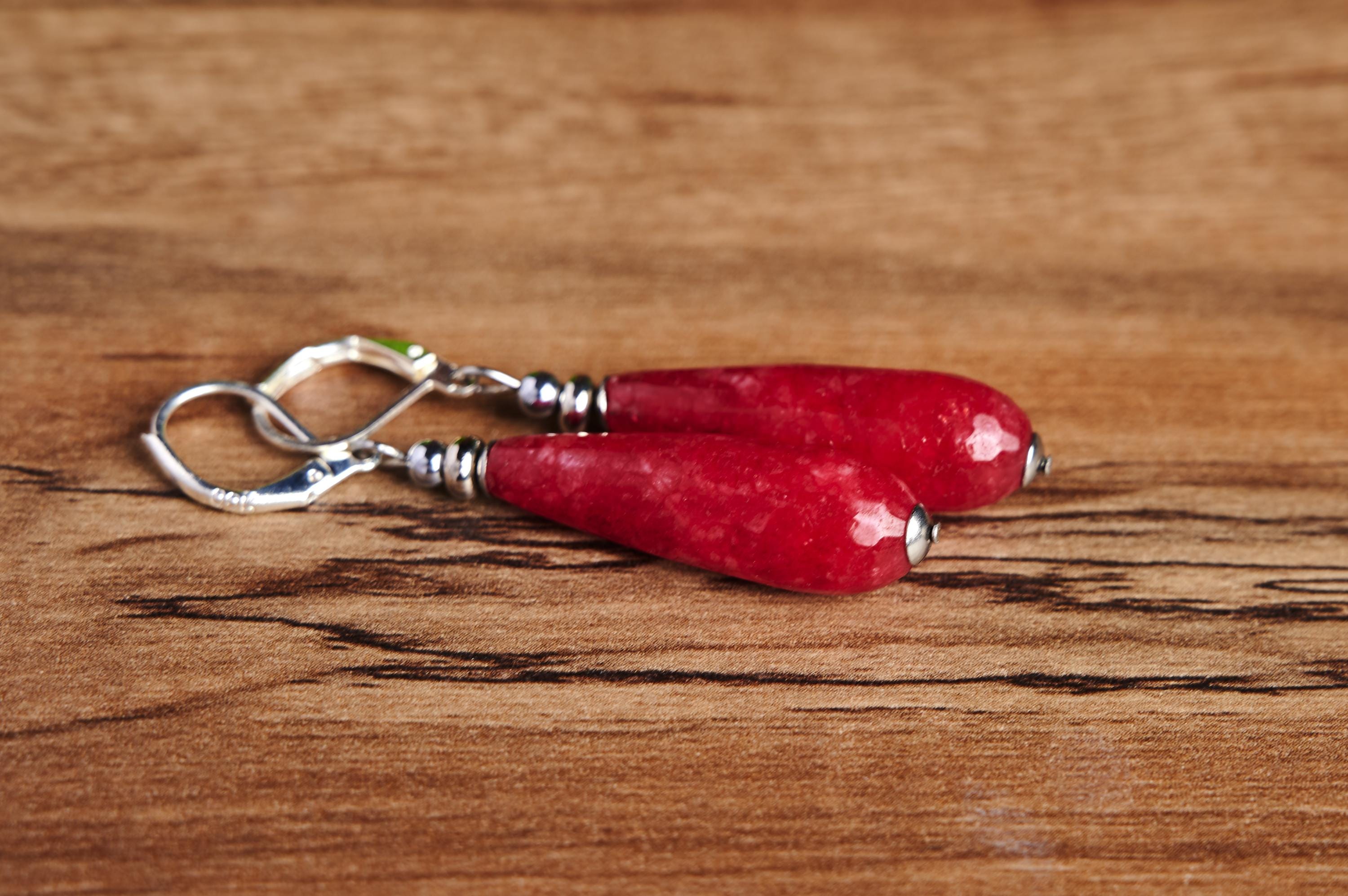 Rose Red Jade Statement Drop Long Earrings, Natural Gemstones Earrings, Jade Teardrop Long Sterling Silver Earrings