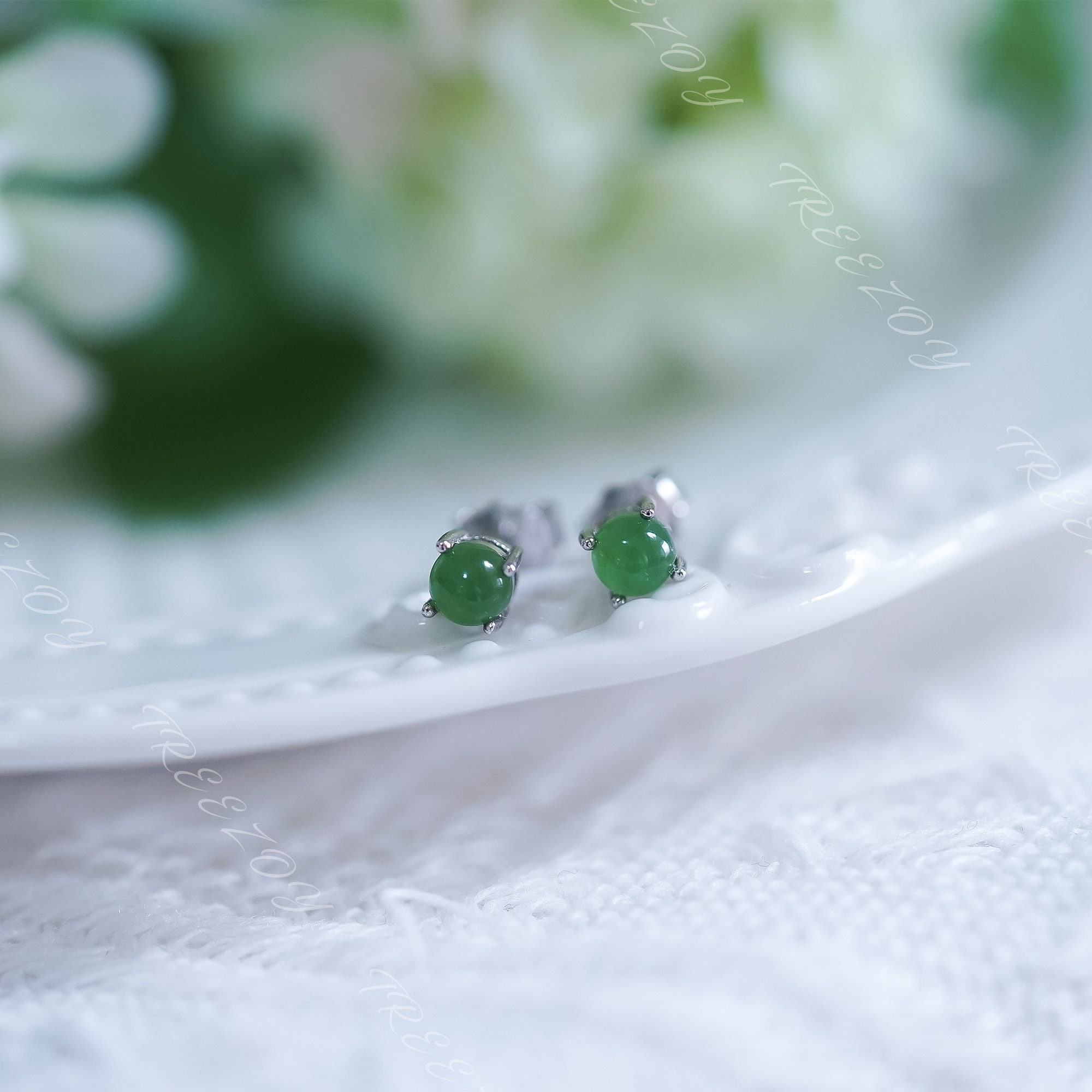 Sterling Silver Green Jade Stud Earrings: Tiny Round Gemstone