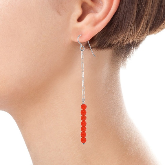 Sterling Silver Long Dangle Earrings, Red Jade Gemstones, Modern Jewelry
