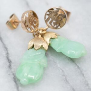 Vintage 14K Yellow Gold Carved Jade Drop Earrings