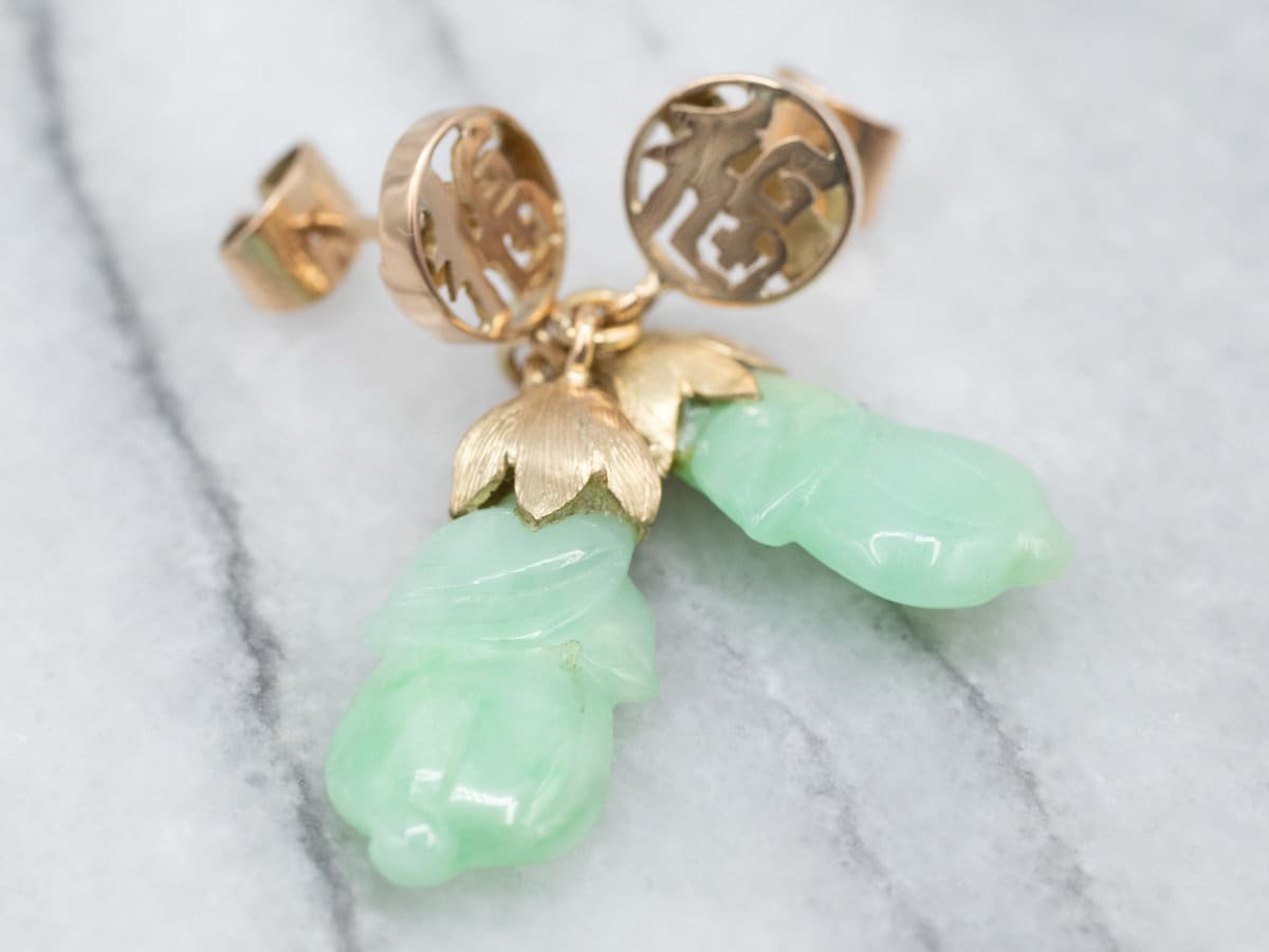 Vintage 14k Yellow Gold Carved Jade Drop Earrings
