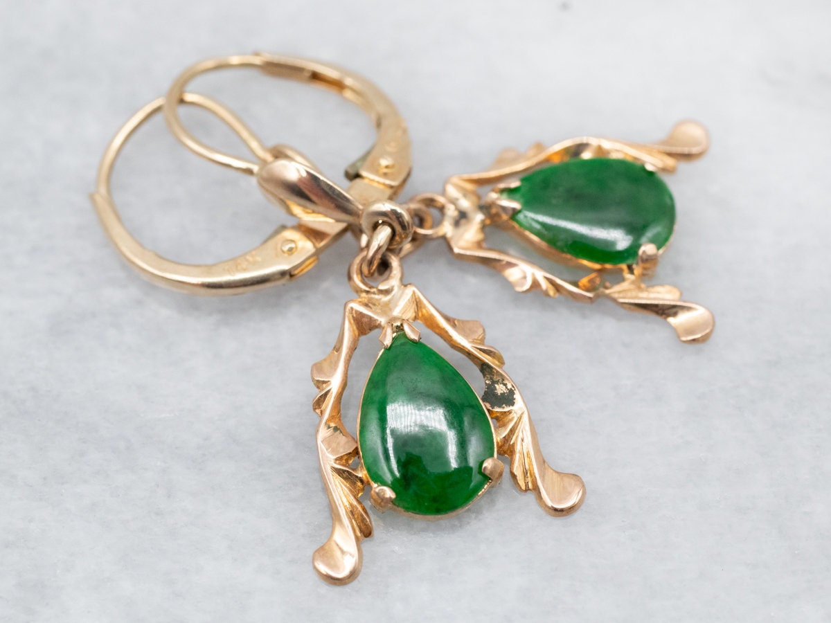 Vintage 14k Yellow Gold Jade Drop Earrings