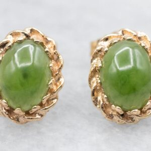 Vintage 14K Yellow Gold Nephrite Jade Oval Stud Earrings