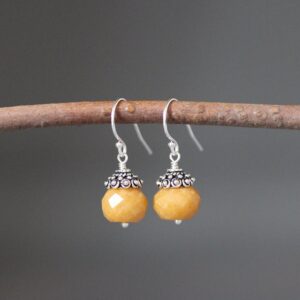 Yellow Jade Earrings - Bali Silver Earrings - Yellow Gemstone Earrings - Jade And Silver Earrings - Silver Wire Wrapped Earrings
