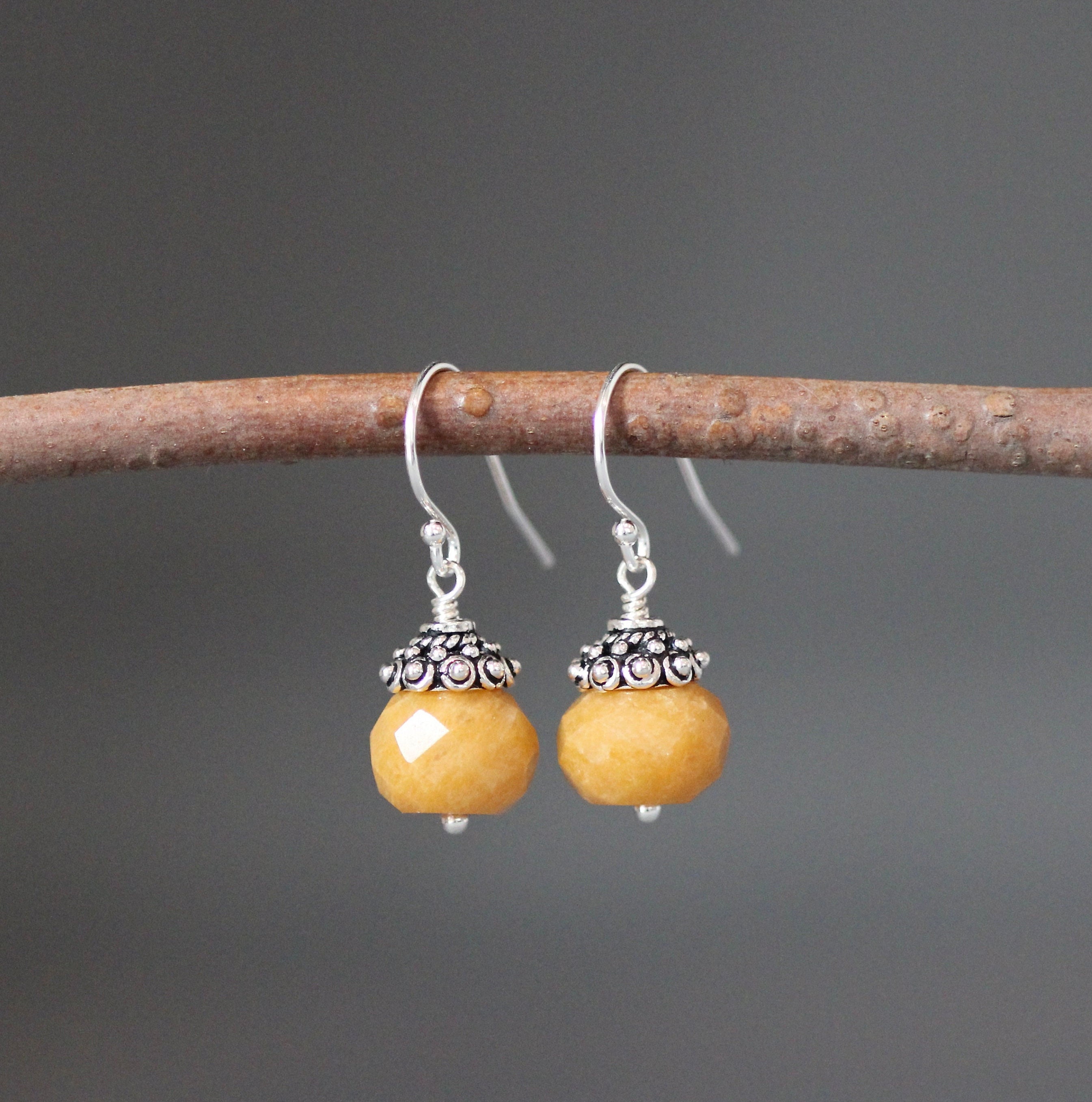Yellow Jade Earrings - Bali Silver Earrings - Yellow Gemstone Earrings - Jade And Silver Earrings - Silver Wire Wrapped Earrings