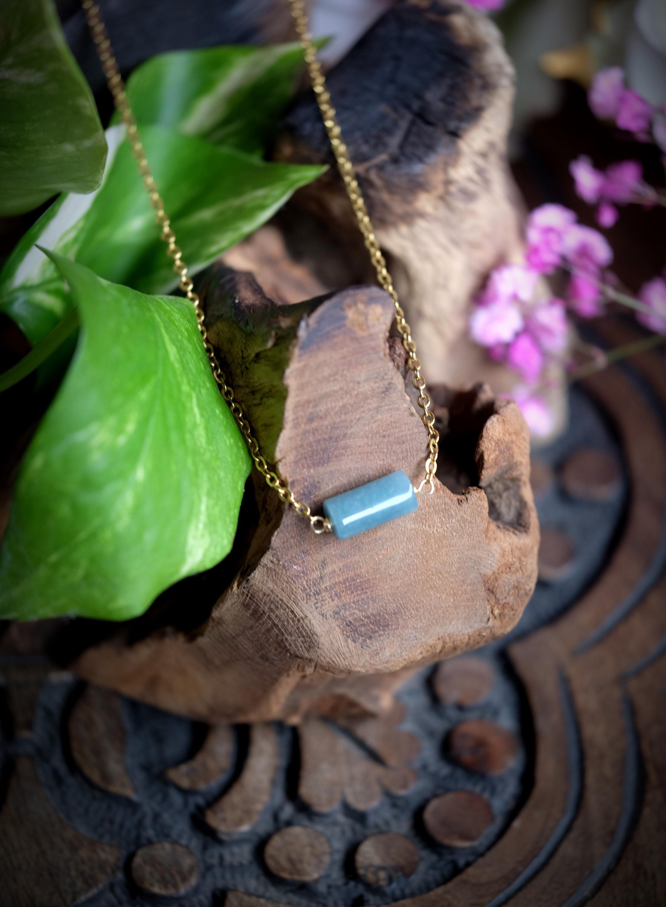 Blue Water Jade Guatemalan Jadeite Barrel Bead Gold Plated, Silver Plated Or Sterling Silver Necklace, Custom Handmade Made To Order Blue Water Jade Guatemalan Jadeite Barrel Bead Gold Plated, Silver Plated Or Sterling Silver Necklace, Custom Handmade Made To Order