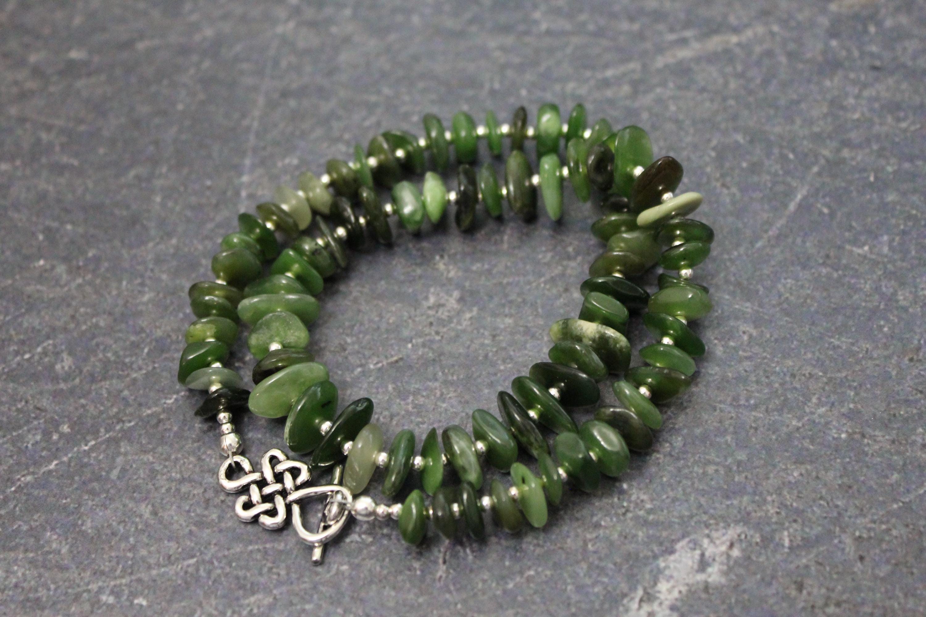 Canadian Jade Necklace: Sterling Silver Celtic Toggle, Green Pebble Beads