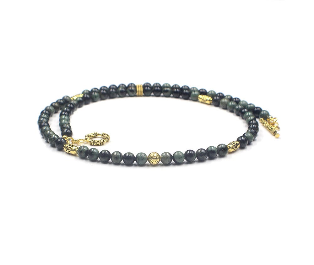 Dark Green Jade And Gold Necklace, Men's Necklace, Beaded Necklace Men, Nephrite Jade Necklace, Men's Jade Necklace, Jade Beads Necklace