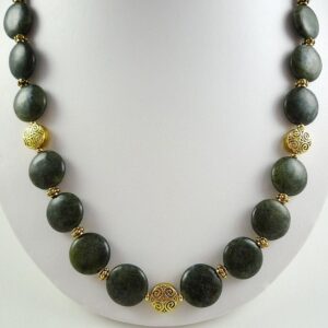 Genuine Nephrite Jade Necklace Jade Gemstone Bead Necklace Dark Green Jade Gold Beaded Strand