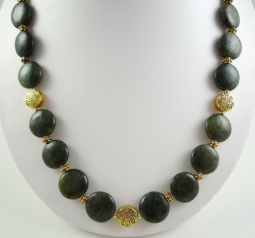 Genuine Nephrite Jade Necklace Jade Gemstone Bead Necklace Dark Green Jade Gold Beaded Strand Genuine Nephrite Jade Necklace Jade Gemstone Bead Necklace Dark Green Jade Gold Beaded Strand