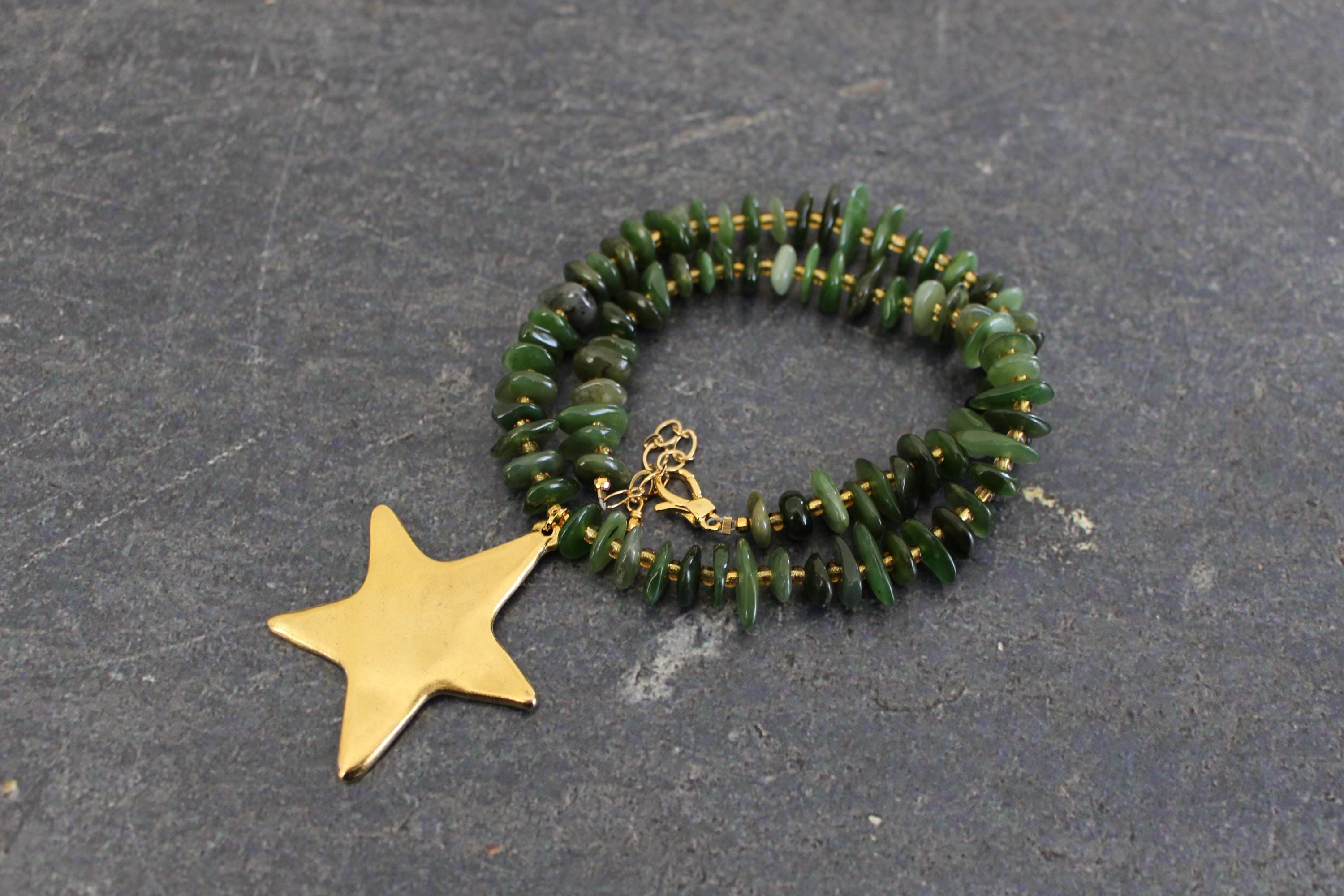 Gold Star Green Necklace: Canadian Jade Nugget, Gold Seed Bead