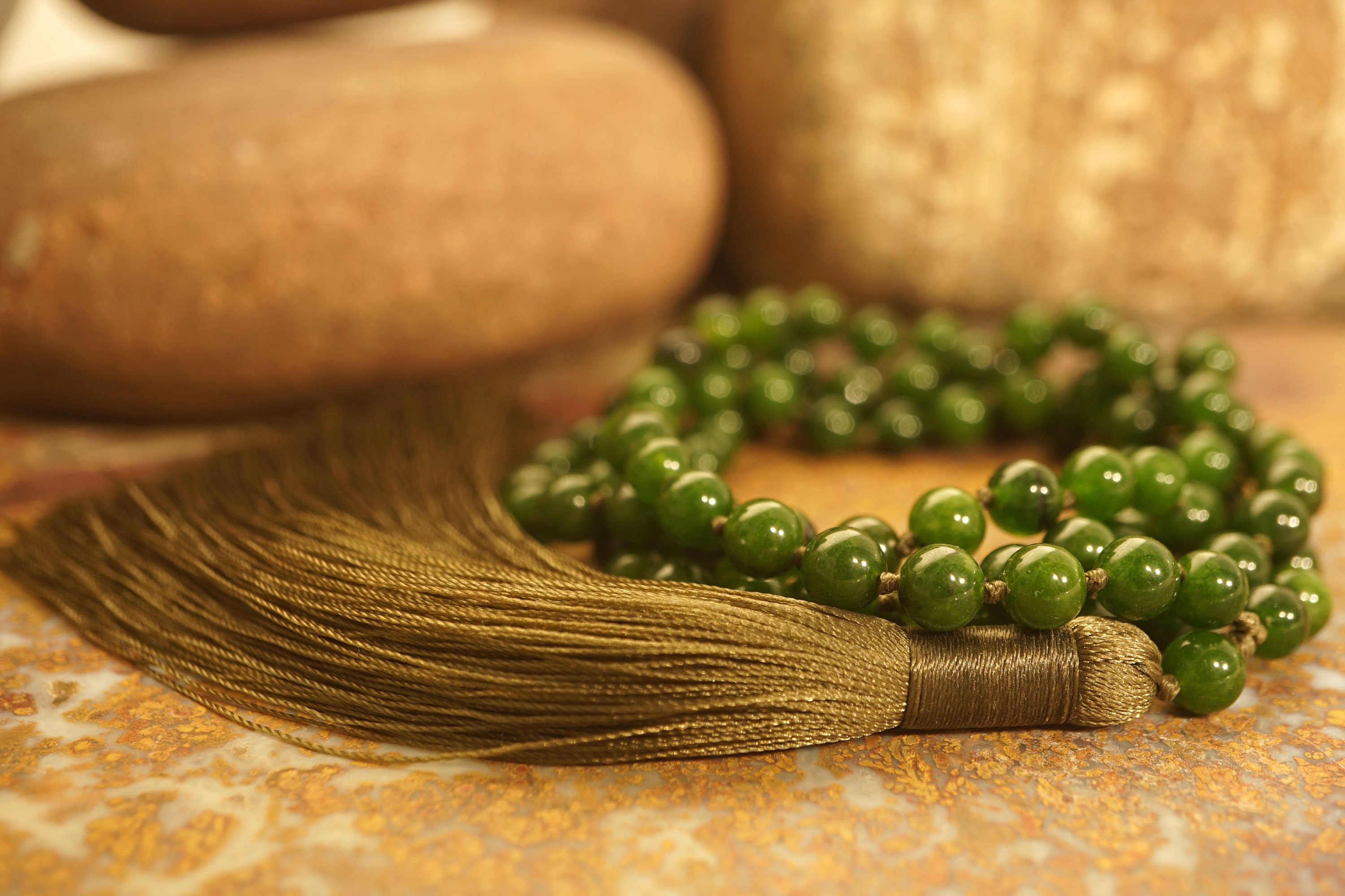 Henna Green Jade Mala • Jade Mala Necklace • Green Jade Mala • Knotted Mala • Tassel Necklace • High Quality Treated Jade • 6mm • 2159