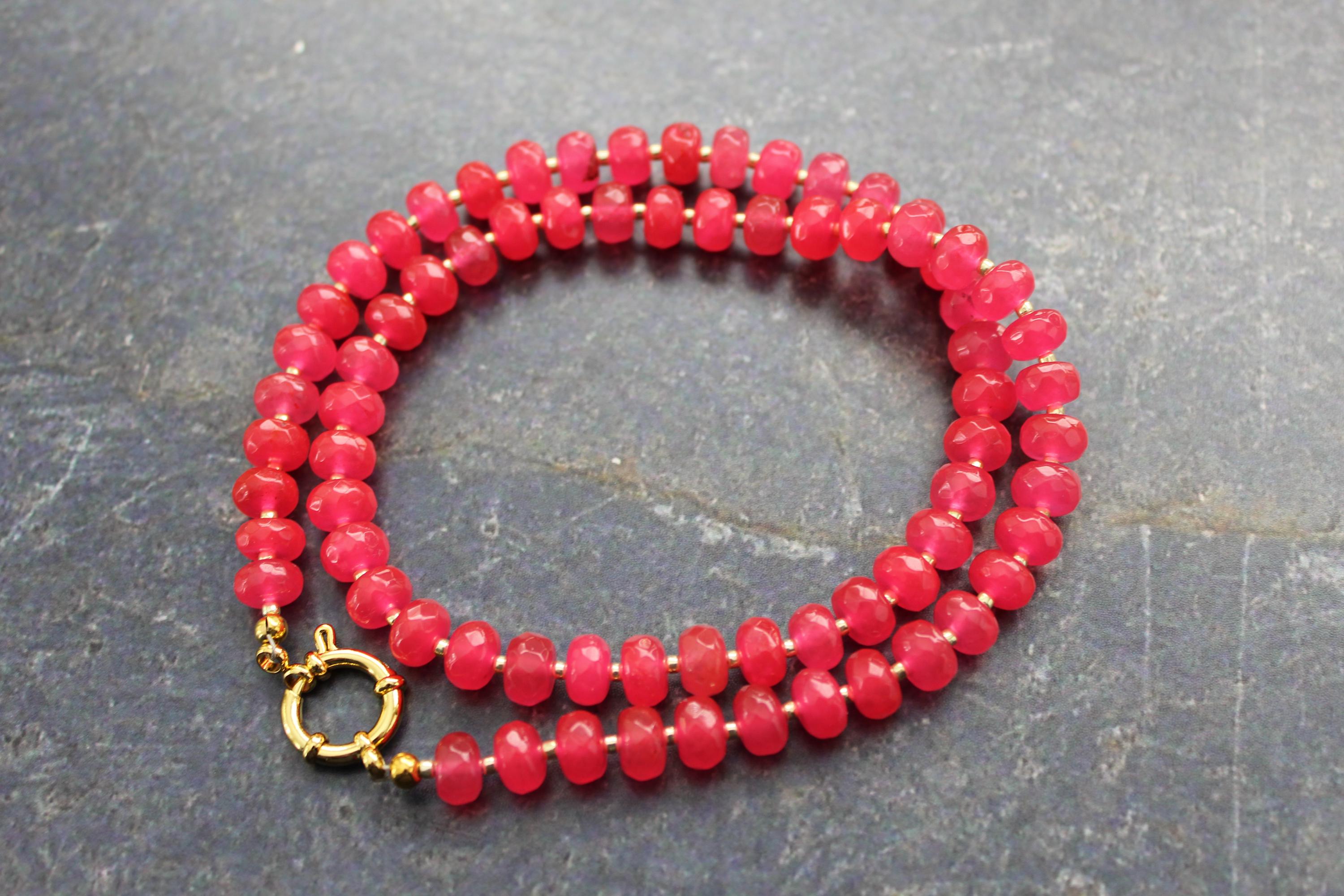 Hot Pink Faceted Jade Necklace: Gold Spring Clasp, 20 Inch Hot Pink Faceted Jade Necklace: Gold Spring Clasp, 20 Inch