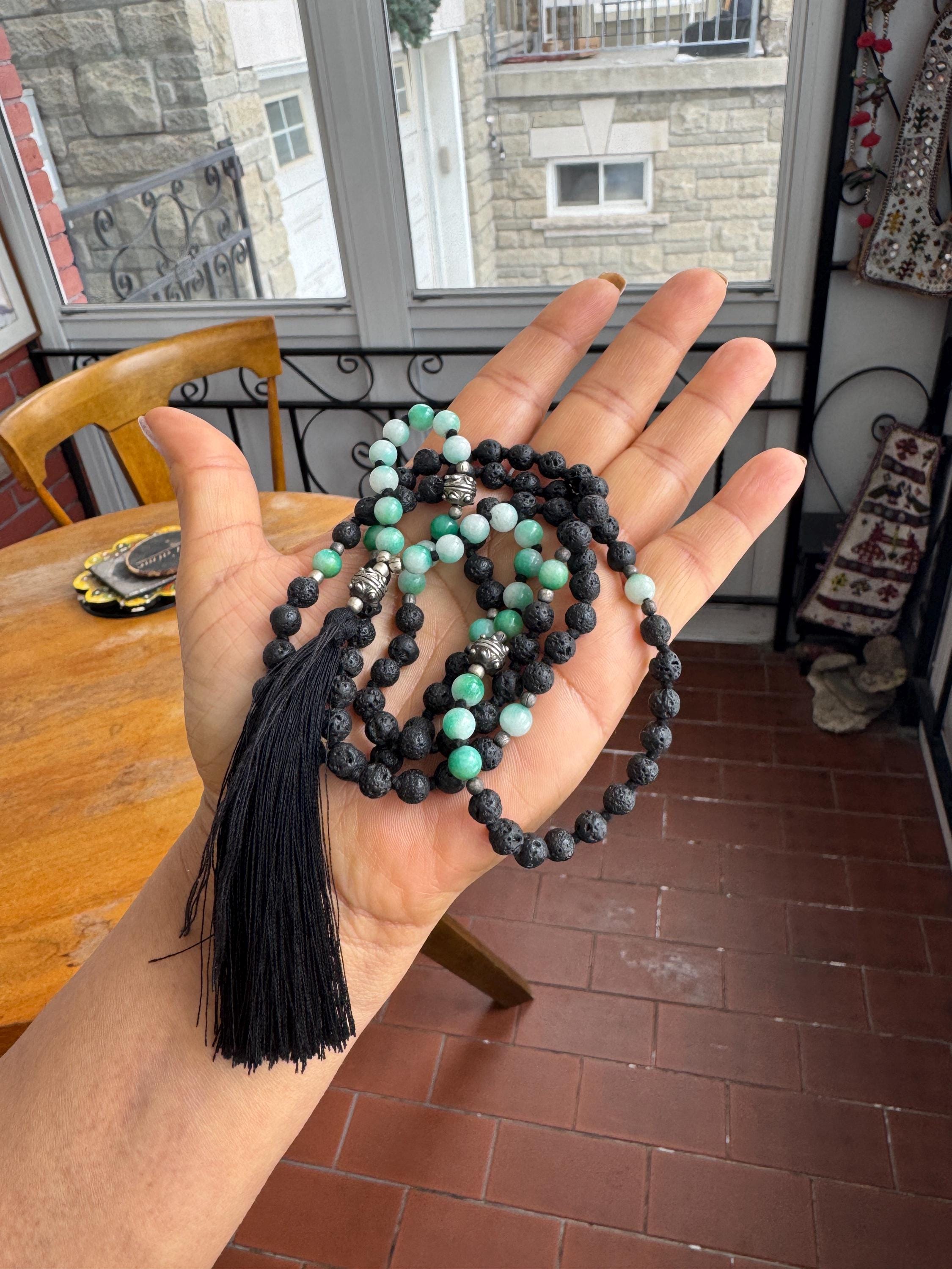 Lava Green Jade 108 Mala Necklace Prayer Beads Tassel Lava Green Jade 108 Mala Necklace Prayer Beads Tassel