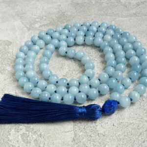 Jade Mala Necklace Blue Tassel Hand Knotted Bead Necklace Aquamarine Color Jade Beaded Necklace Yoga Gift Jewelry Prayer Beads Necklace Boho