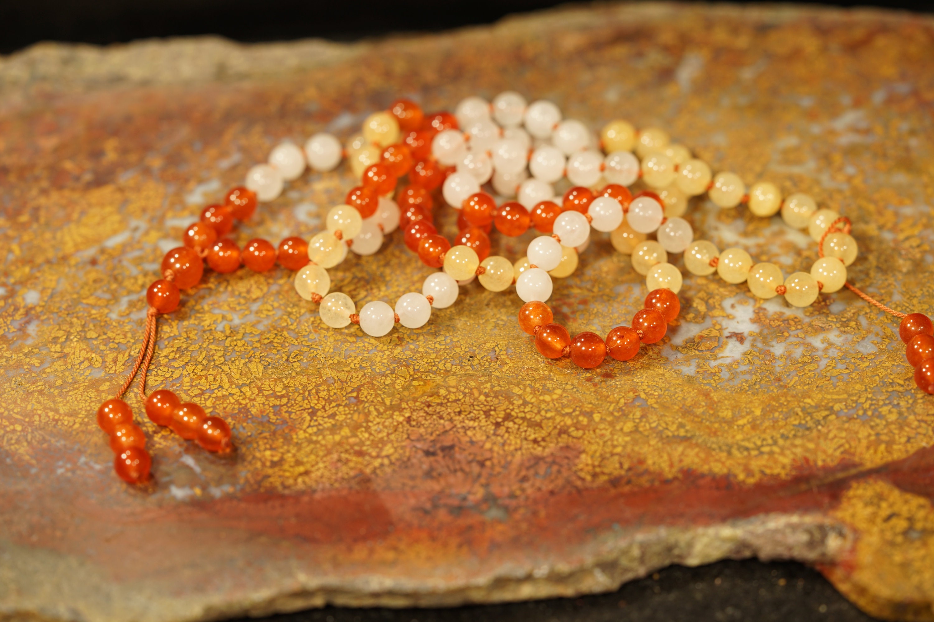 Orange, Yellow And White Jade Mala • Jade Mala Necklace • Colorful Necklace • Knotted Mala • Necklace • High Quality Dyed Jade • 6mm X0104