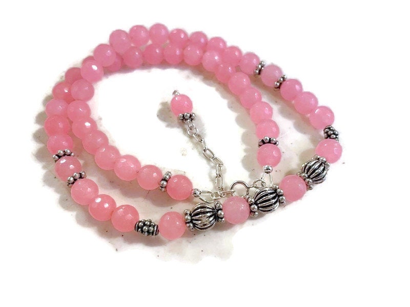 Pink Necklace - Jade Gemstone Jewellery - Sterling Silver Jewelry - Beaded - Extender Chain - Jewelrybycarmal - Gift - Handmade