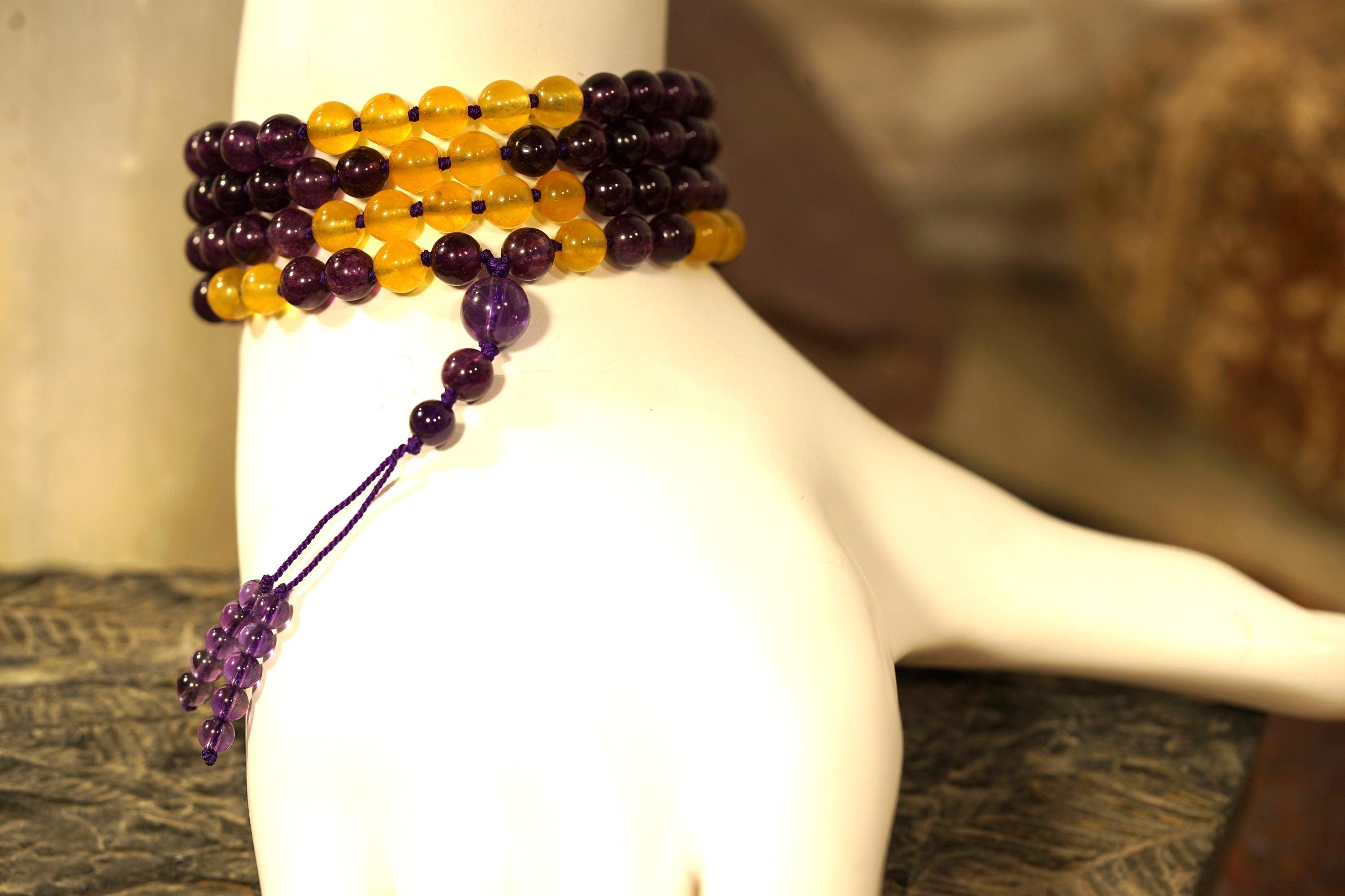 Purple Jade And Yellow Jade Mala • Hand-knotted Mala • Ooak Mala On Sale • 108+ • Guru • 6-mm • Byzantine Imperial Colors • X0021