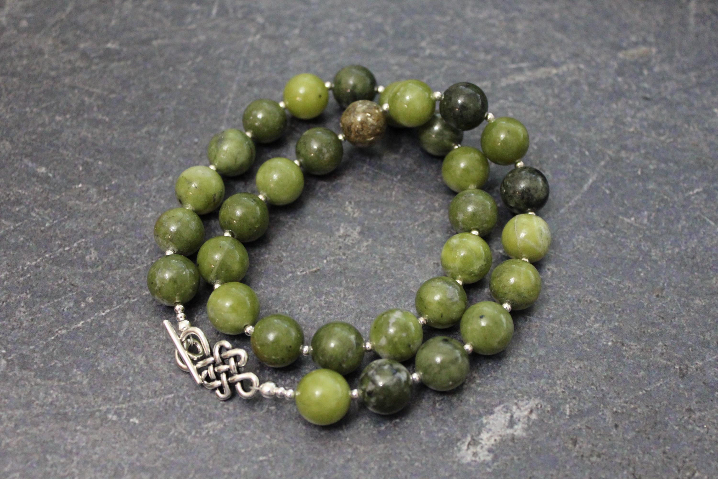 Taiwan Jade Celtic Necklace: Green 12mm Bead, Sterling Silver Toggle