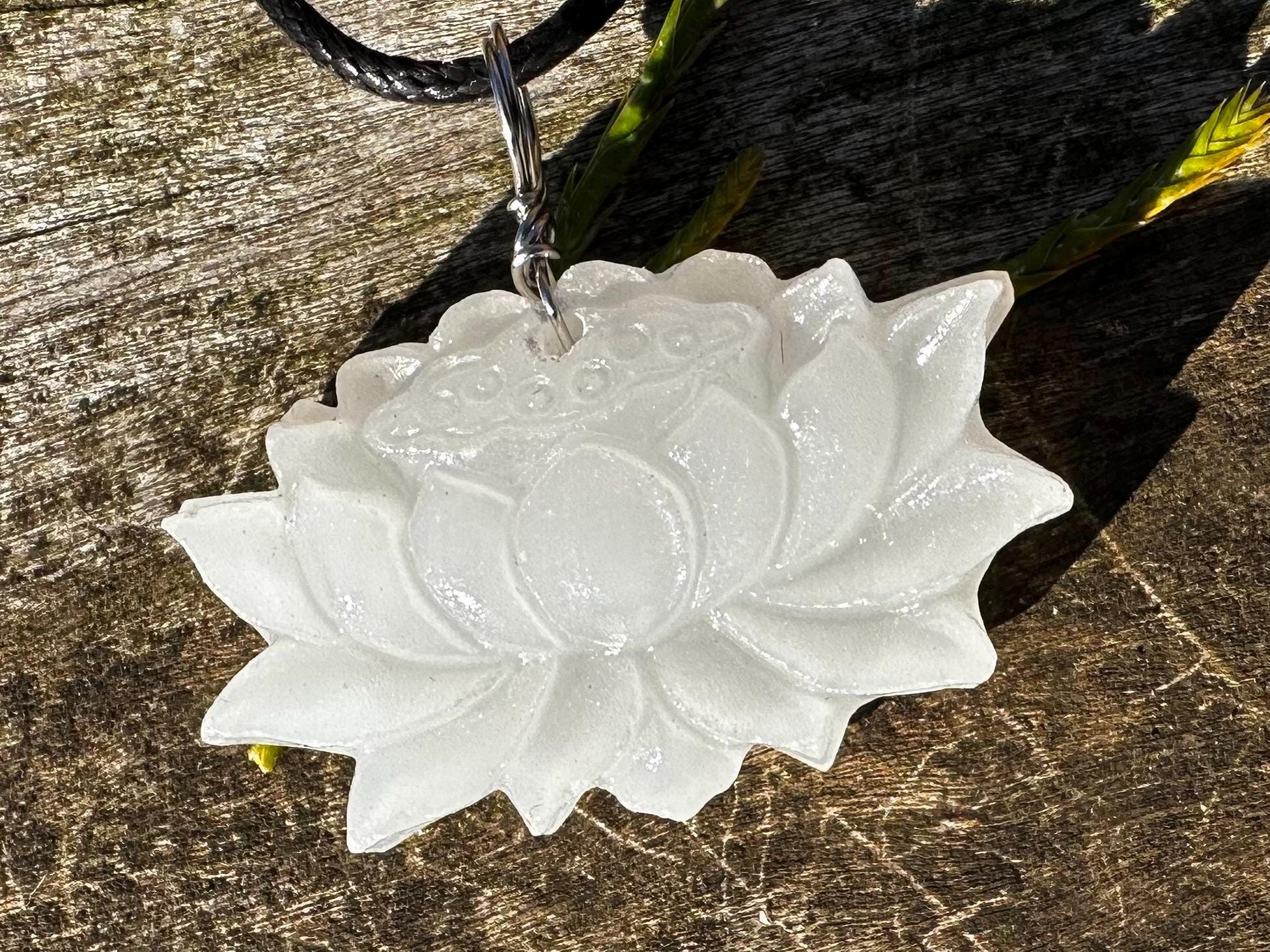 White Jade Carved Lotus Flower Healing Stone Necklace!