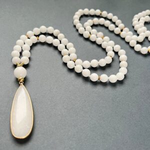 White Jade Necklace, Hand Knotted White Gold Mala Necklace, Long Necklace For Women Gift, Yoga Meditation Necklace, 108 Mala Bead Necklaces