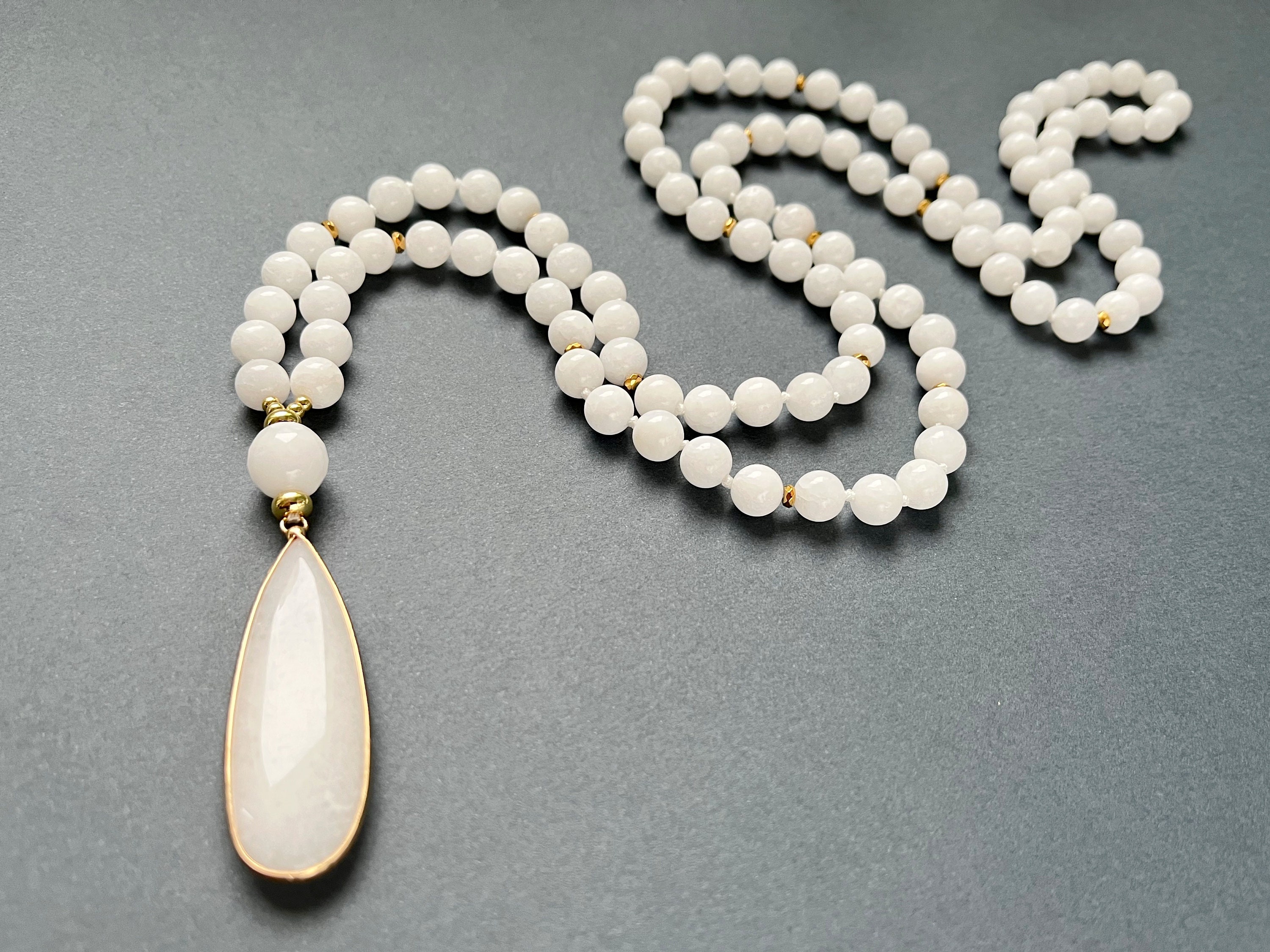 White Jade Necklace, Hand Knotted White Gold Mala Necklace, Long Necklace For Women Gift, Yoga Meditation Necklace, 108 Mala Bead Necklaces