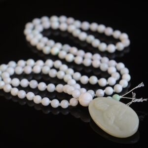 White Nephrite Quan Yin 8mm White Burma Jadeite 108 Hand Knotted Mala Necklace Undyed Type A Burmese Jade Luck, Prosperity Divine Feminine