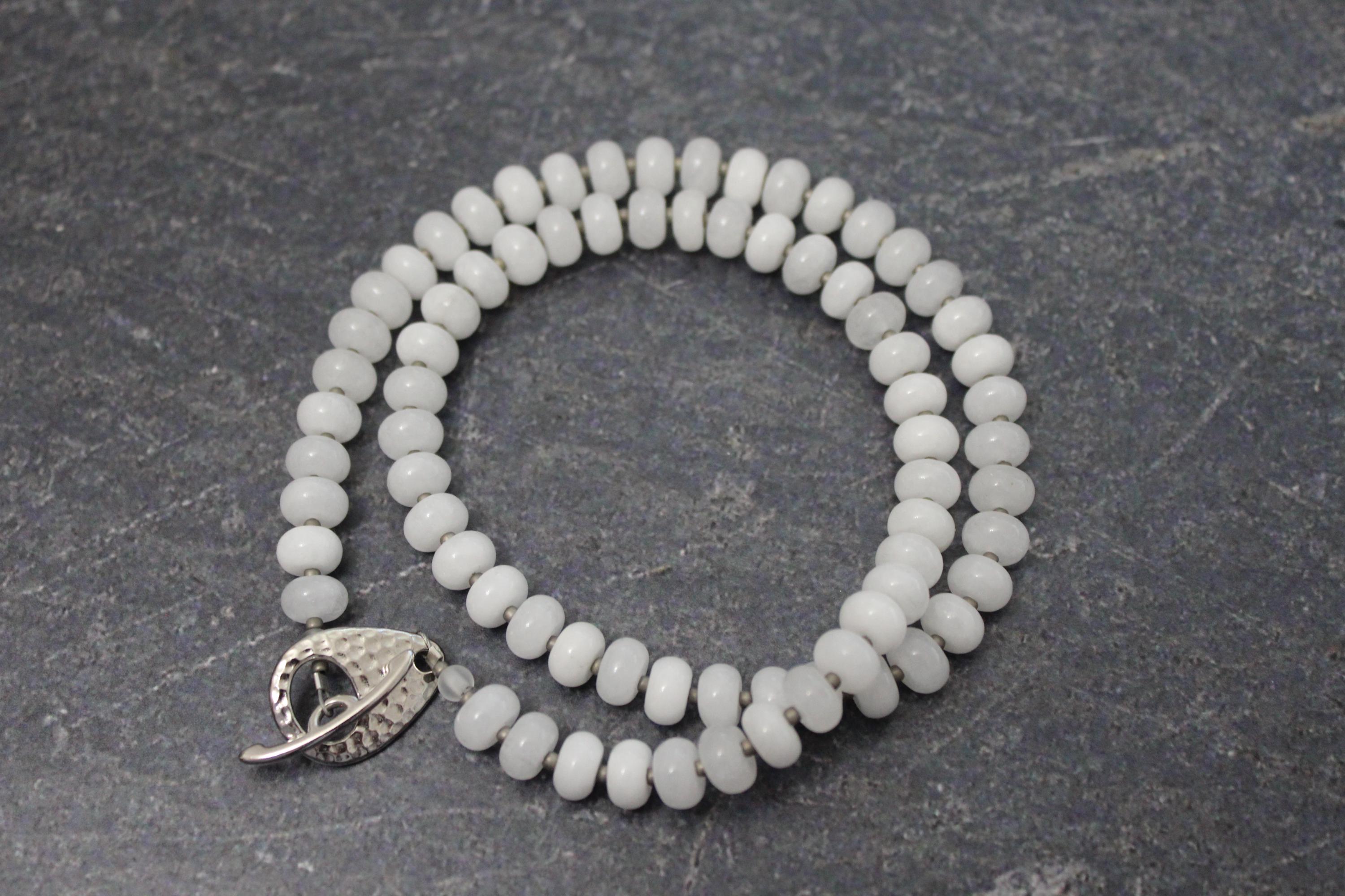 White Jade Rondelle Necklace: Sterling Silver Toggle Clasp