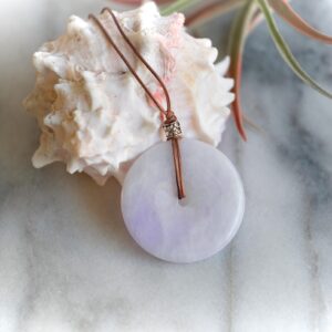 XL Lavender Burmese Jadeite Jade Pi 53mm Donut Myanmar Sterling Silver Lotus Bead Genuine Leather Slip Knot Necklace