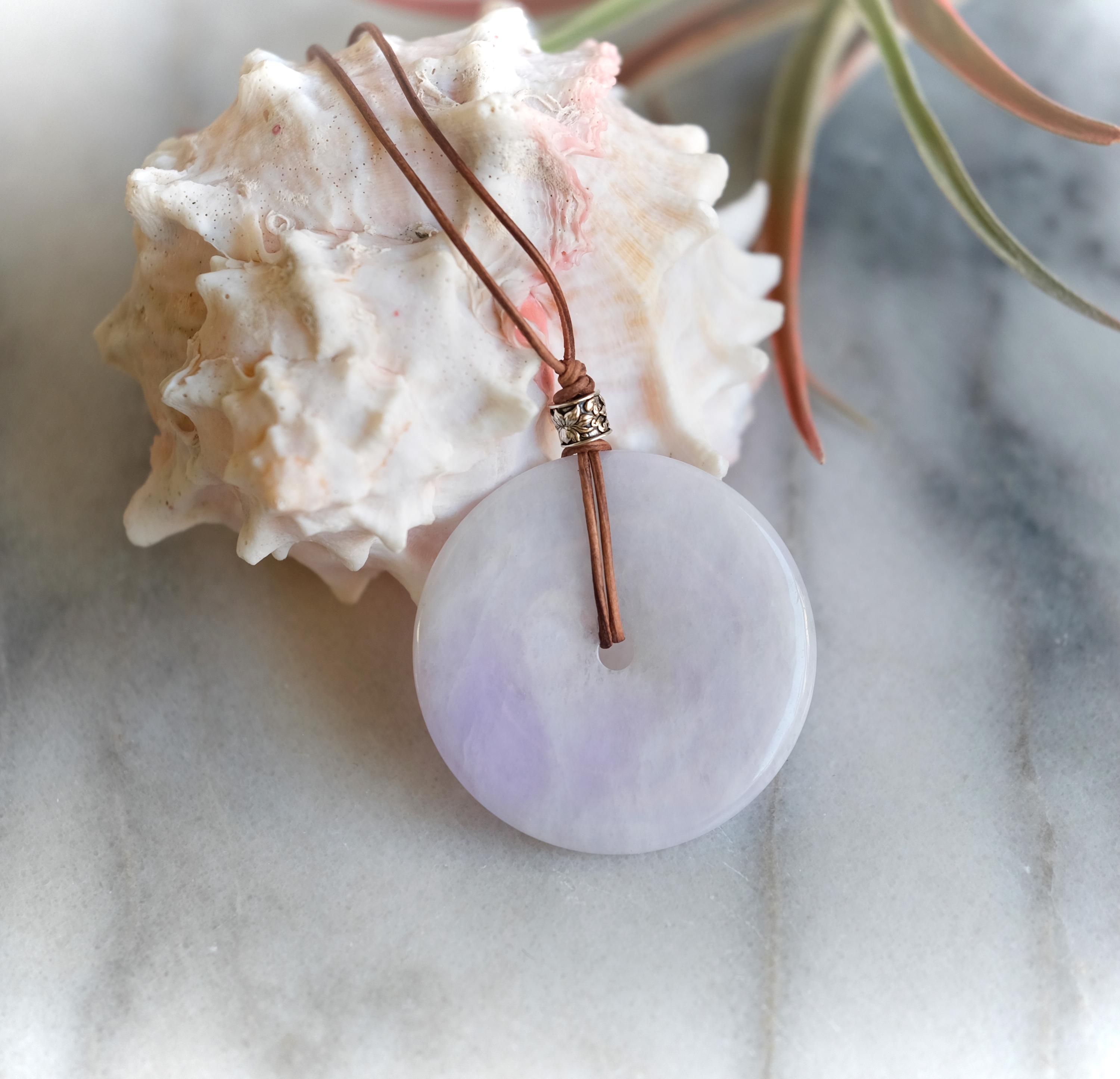 Xl Lavender Burmese Jadeite Jade Pi 53mm Donut Myanmar Sterling Silver Lotus Bead Genuine Leather Slip Knot Necklace Xl Lavender Burmese Jadeite Jade Pi 53mm Donut Myanmar Sterling Silver Lotus Bead Genuine Leather Slip Knot Necklace