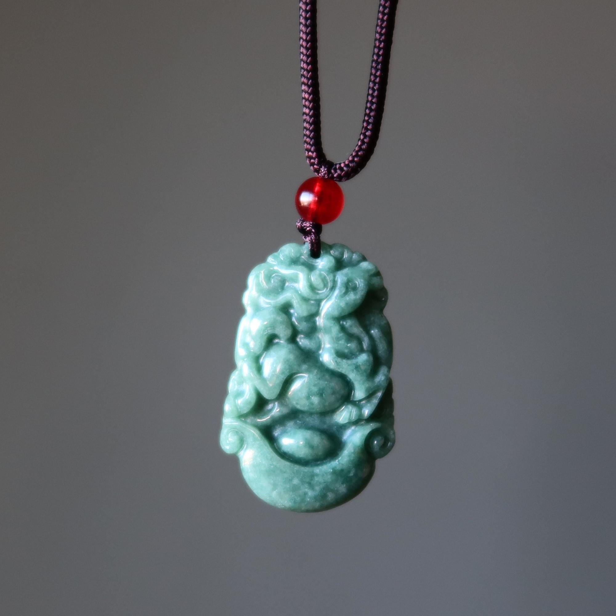 Jade Necklace Year Of The Horse Brown Cord Green Stone