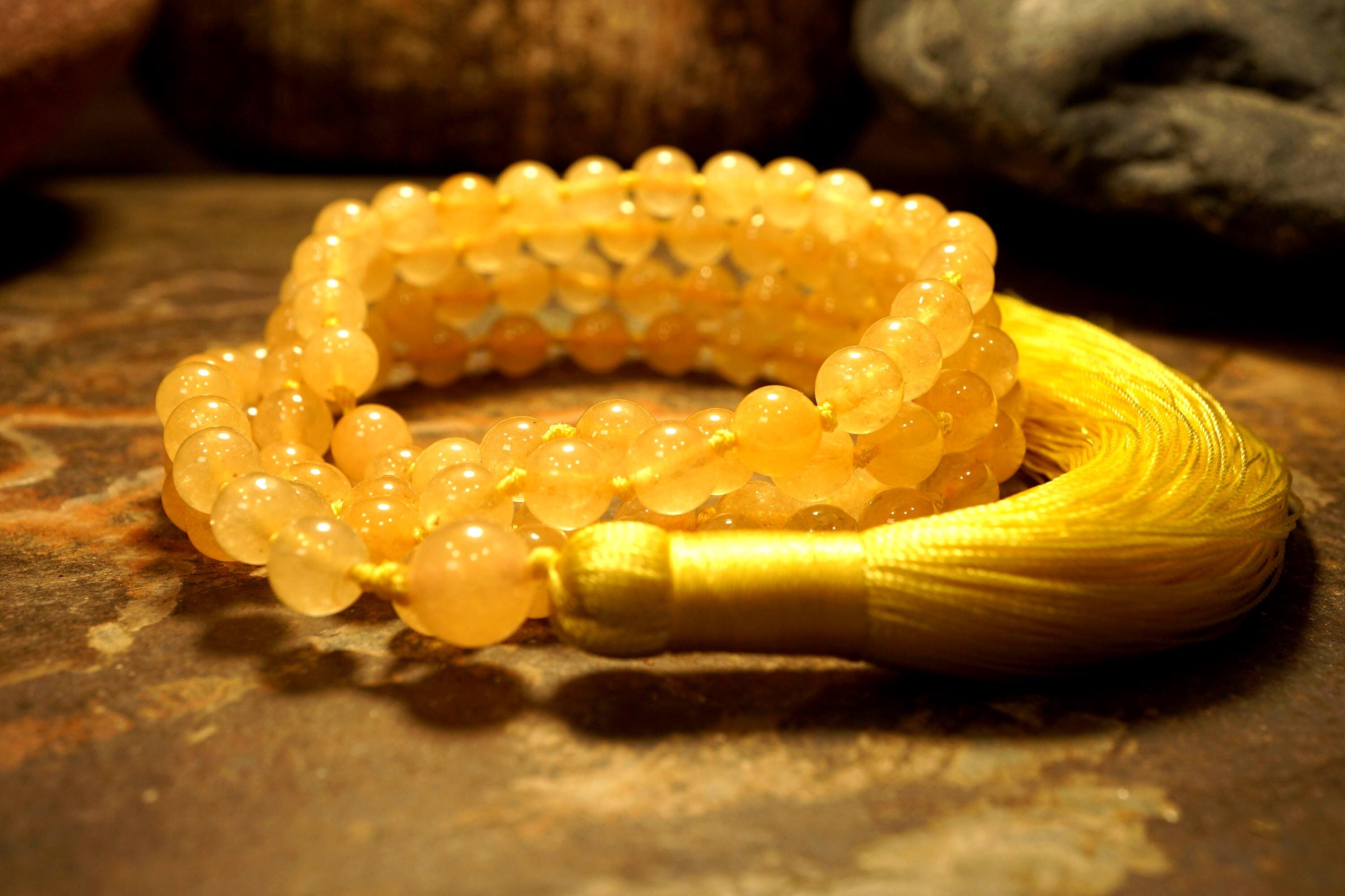 Yellow Jade Mala • 108+ • 6mm • Bright Yellow Nylon Tassel • Knotted Mala • Jade Necklace • Laughing Buddha • 2141