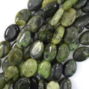18mm Natural Canadian Green Jade Flat Oval Beads 16" Strand
