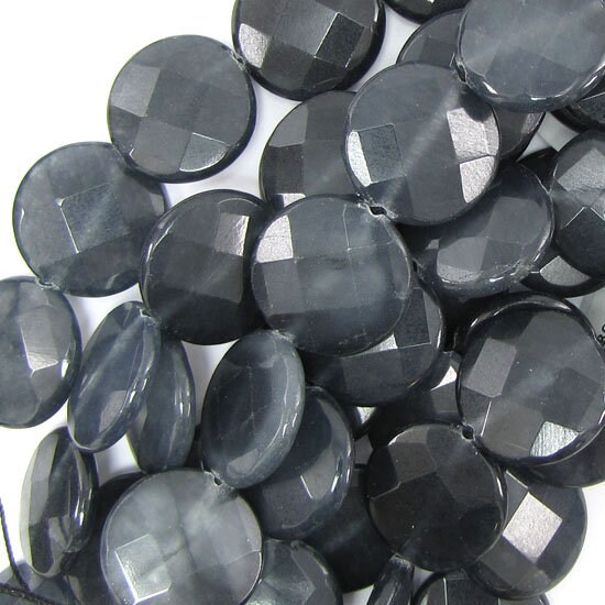 24mm Faceted Dark Grey Jade Coin Beads 15" Strand