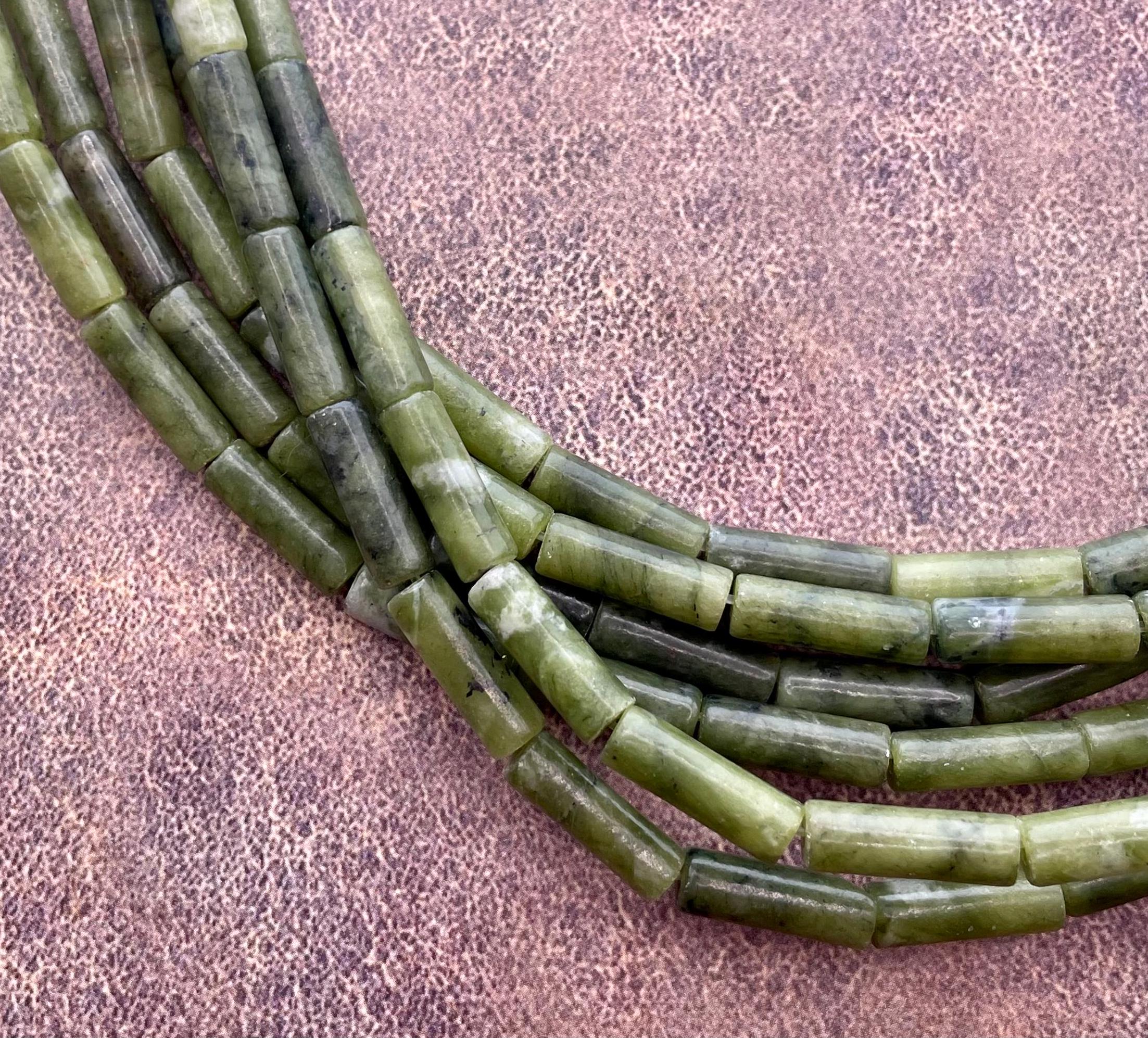 4x13mm Tube Mixed Green Canadian Jade Gemstone Beads. 15" Strand Of High Quality Beads, About 30 Per Strand.