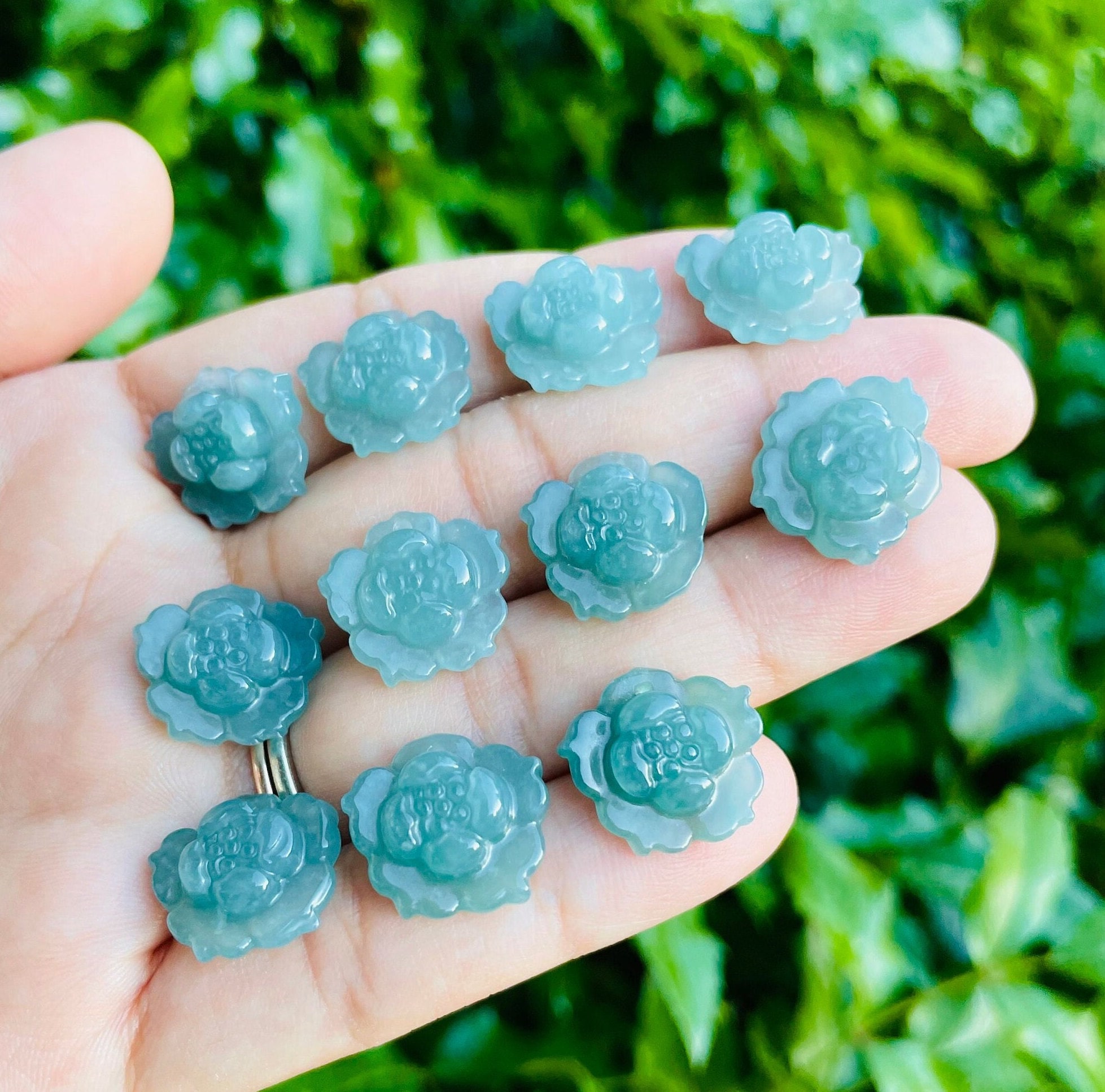 Blue Green Jade Lotus Flower Pendant: Carved Crystal Gemstone (15-17mm)