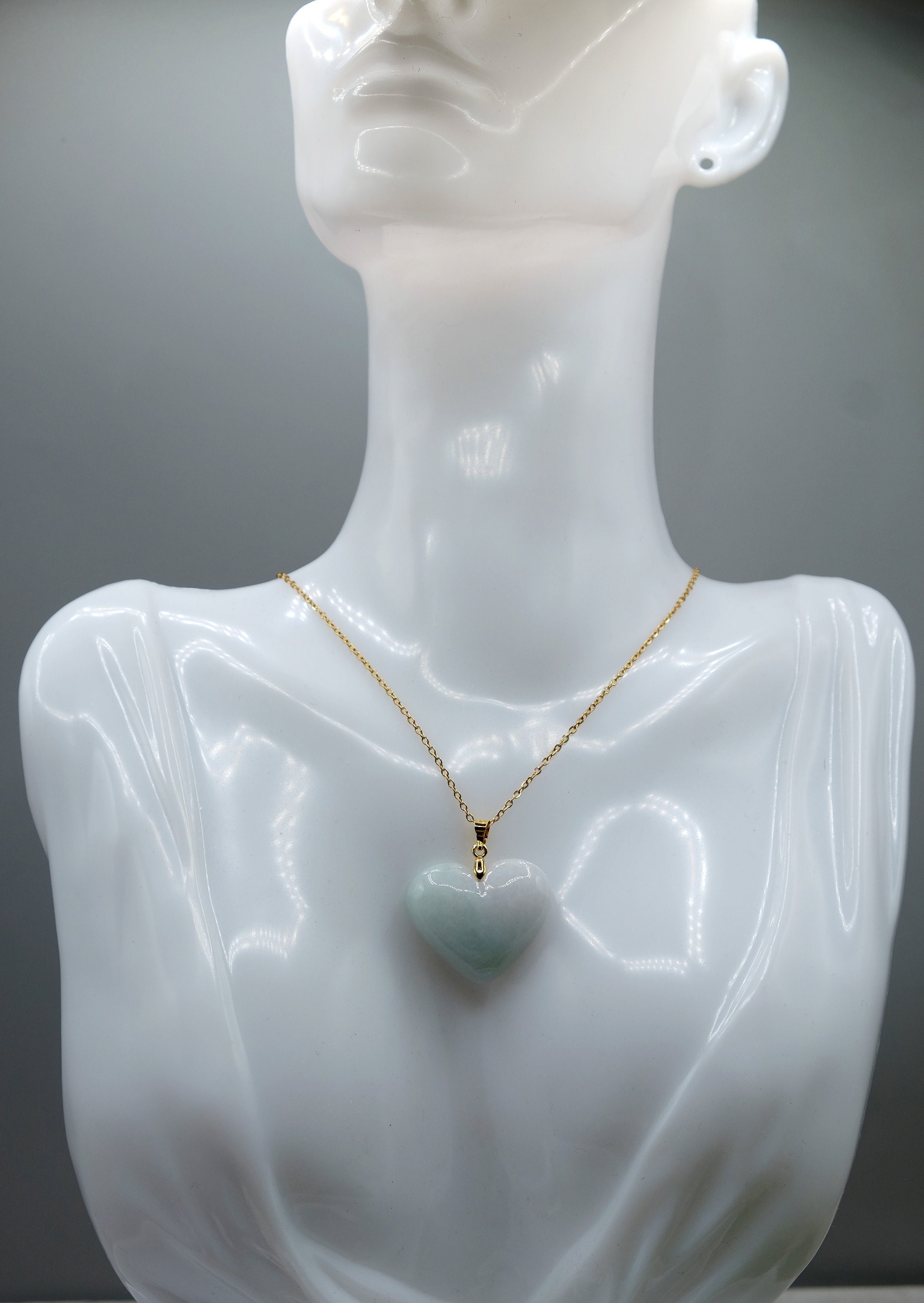 Burmese Certified Type A Jadeite Heart Natural Green, White Jade Gold Plated Pendant Necklace Different Sizes, Shapes