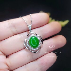 Flower Of Life Jade Necklace - White Gold Plated Sterling Silver Oval Green Jade Pendant #942 Flower Of Life Jade Necklace - White Gold Plated Sterling Silver Oval Green Jade Pendant #942