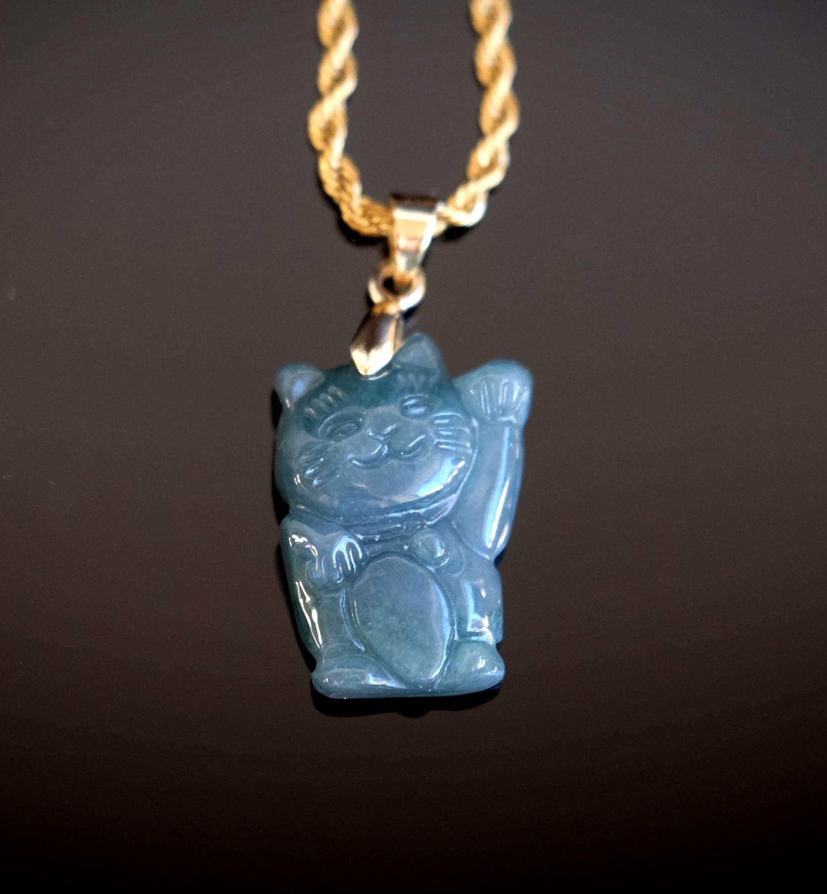 Guatemala Jadeite Blue Water Jade Fortune Cat Carved Pendant Rope Chain Included Necklace Guatemala Jadeite Blue Water Jade Fortune Cat Carved Pendant Rope Chain Included Necklace