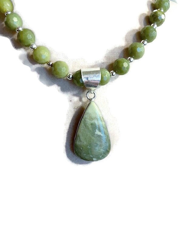 Larsonite & Jade Green Necklace - Sterling Silver Pendant