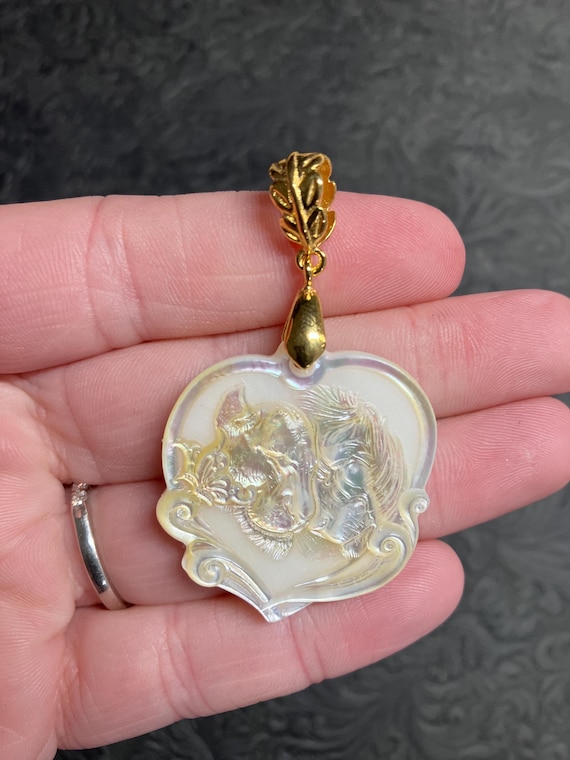 Lion Couple Carved Mother Of Pearl Lemon Jade Pendant