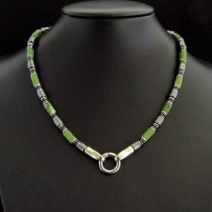 Natural Green Jade Mens Gemstone Necklace, Nephrite 316L Stainless Steel Mens Beaded Necklace for (on/off) Pendant, Gift for Men, Gift Box