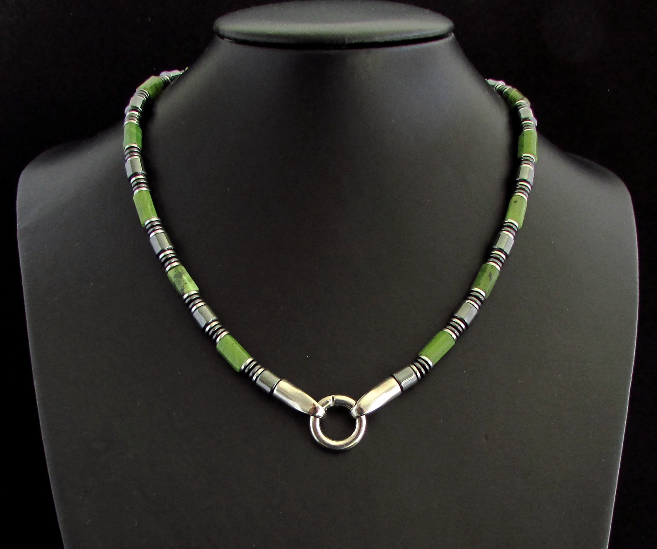 Natural Green Jade Mens Gemstone Necklace, Nephrite 316l Stainless Steel Mens Beaded Necklace For (on/off) Pendant, Gift For Men, Gift Box
