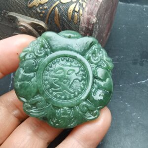 Natural Nephrite Green Jade Pendant Culture kylin Bat Money Blessing 平安 Natural Nephrite Green Jade Pendant Culture kylin Bat Money Blessing 平安