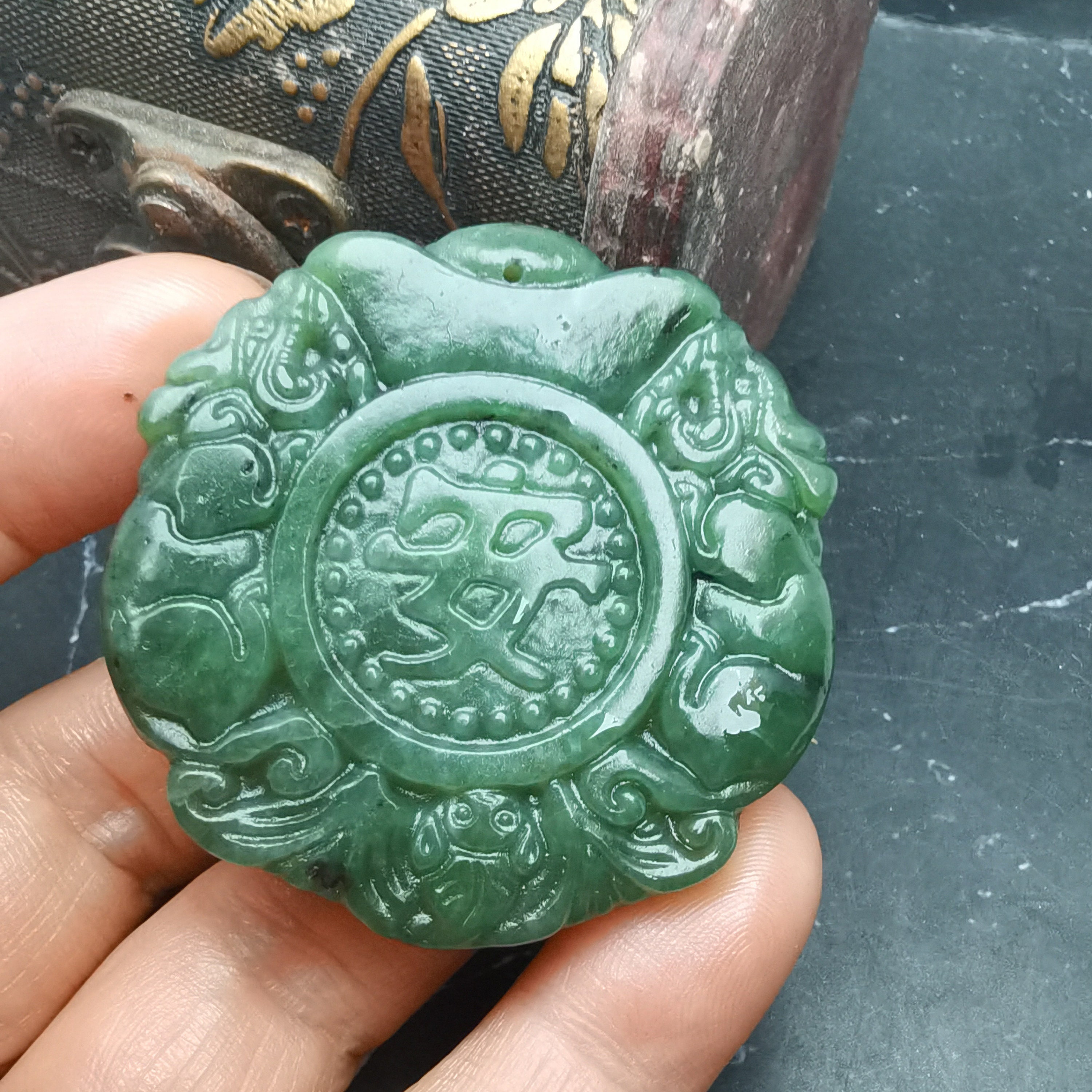 Natural Nephrite Green Jade Pendant Culture Kylin Bat Money Blessing 平安 Natural Nephrite Green Jade Pendant Culture Kylin Bat Money Blessing 平安