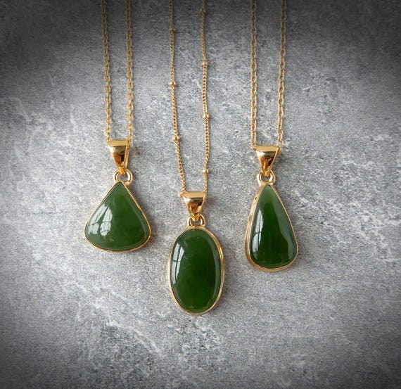Jade Necklace Set In Gold • Green Nephrite Jade Pendant