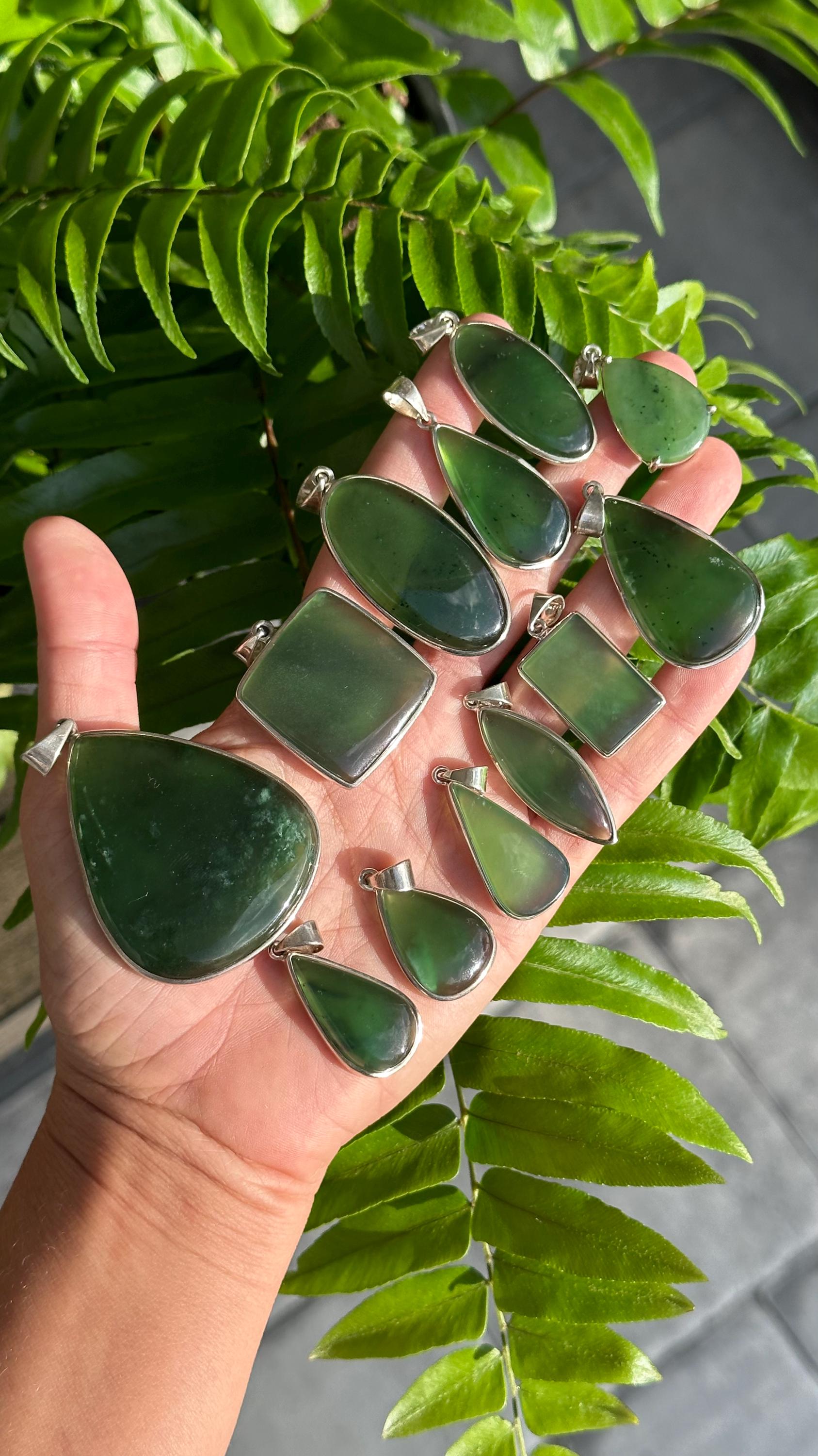 Nephrite Jade Pendant: .925 Sterling Silver Necklace, Green Crystal