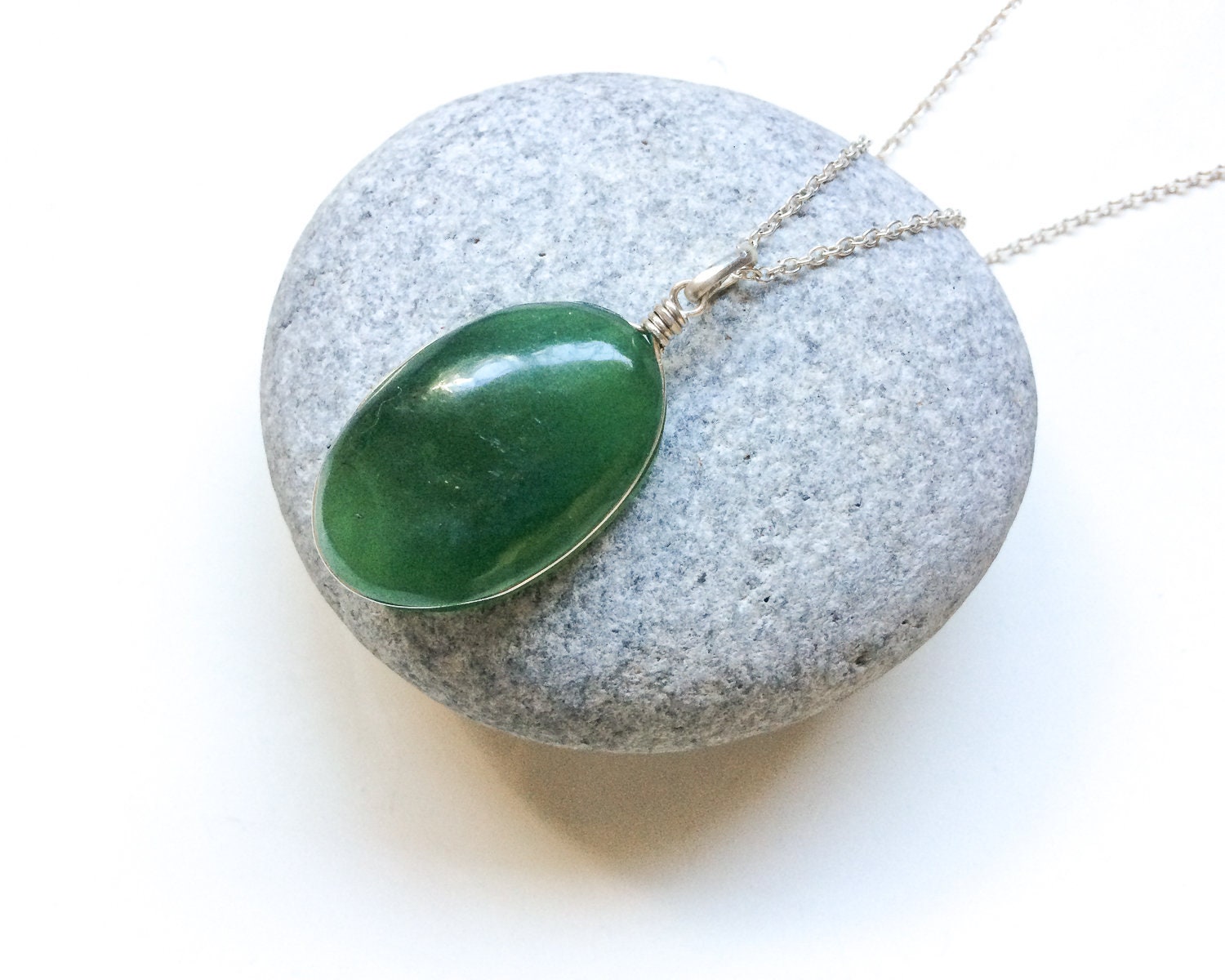 Jade Silver Pendant, Bottle Green Stone Pendant, Sterling Silver Natural Jade Pendant, Sap Green Jade, Oval Shape, Small Pendant, Unisex